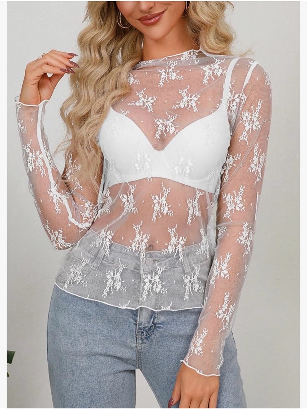 White Floral Lace Mesh Long Sleeve Top | Sheer Fairycore Y2K Style